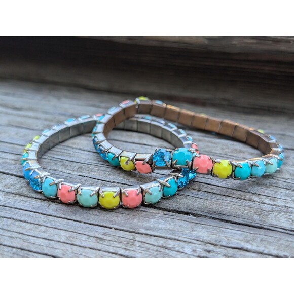 Vintage Rhinestone Stretch Bracelet, 80s Pastel Bracelet Set - Picture 4 of 10